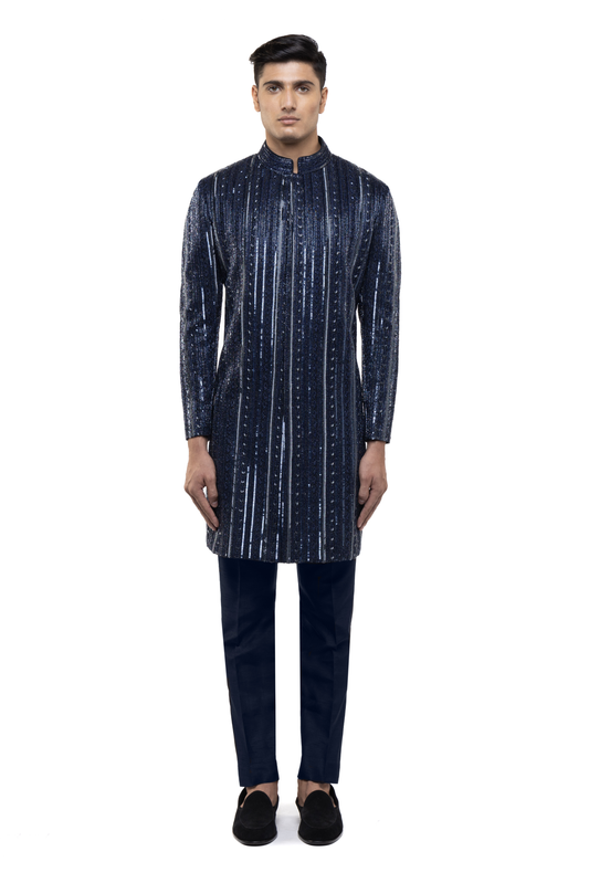 Navy Blue Silk Stitchline Embellished Sherwani Set