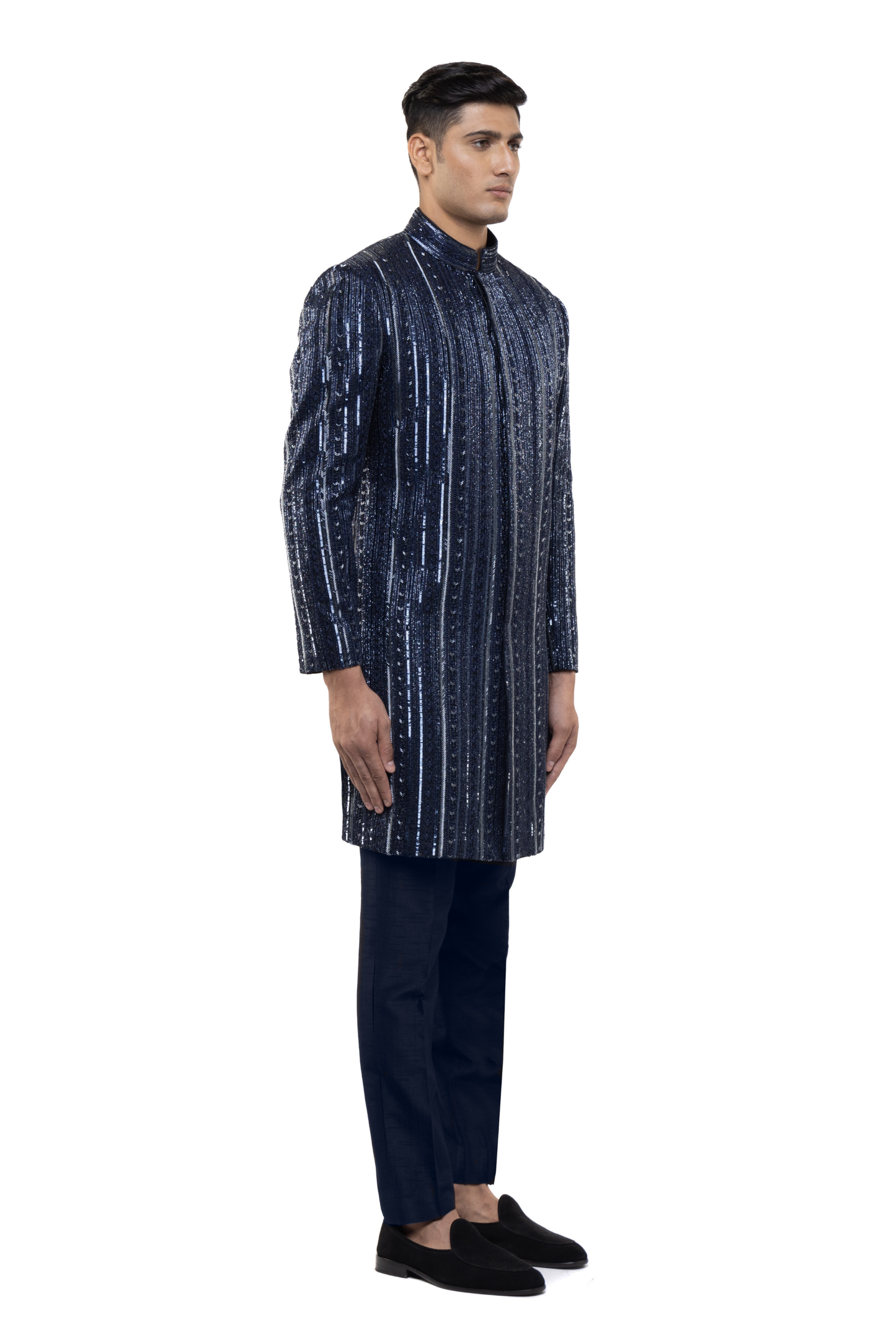 Navy Blue Silk Stitchline Embellished Sherwani Set