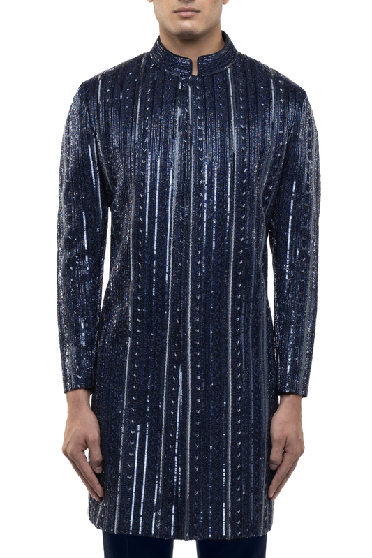 Navy Blue Silk Stitchline Embellished Sherwani Set