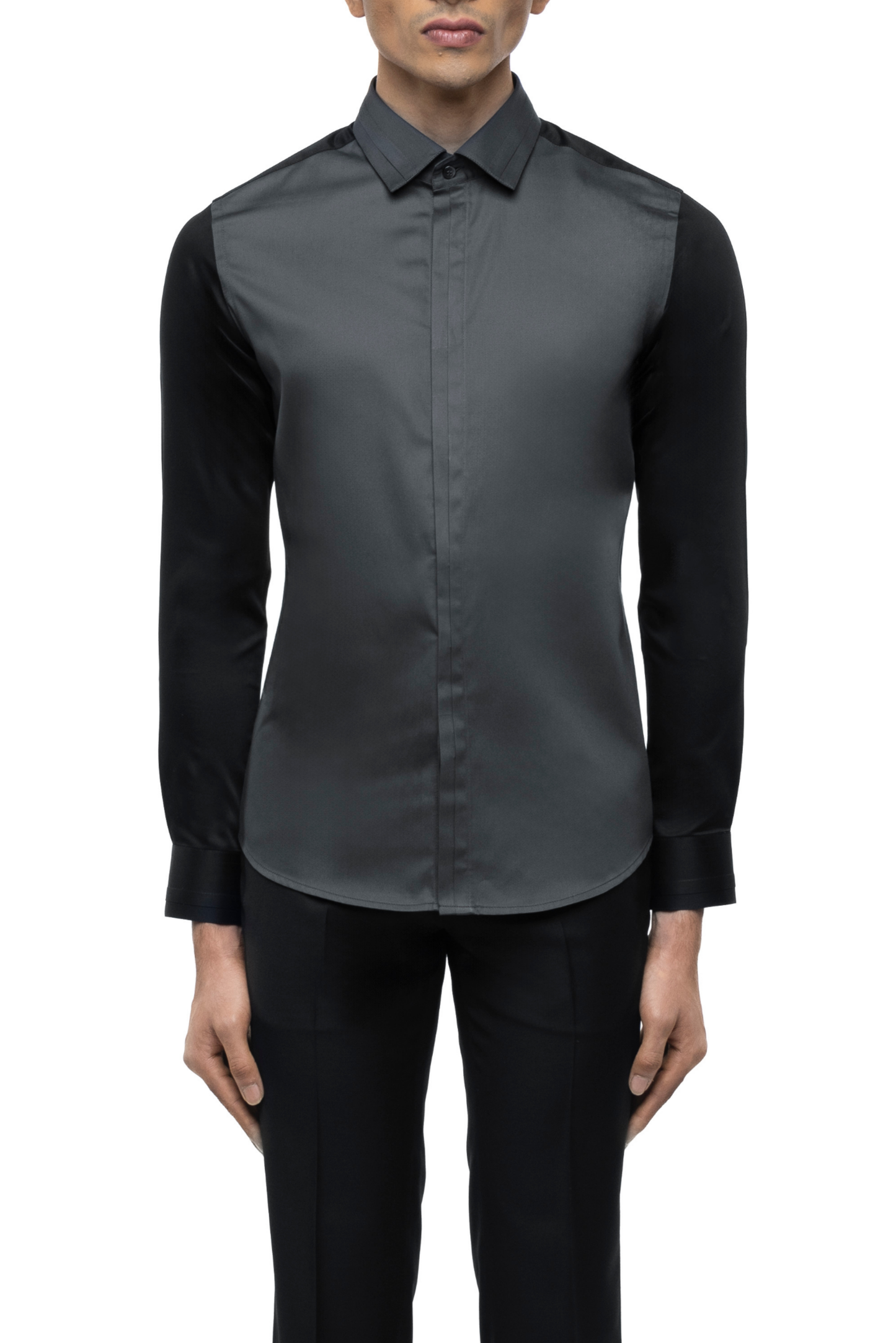 Grey Cotton Shirt with Black Sleeves