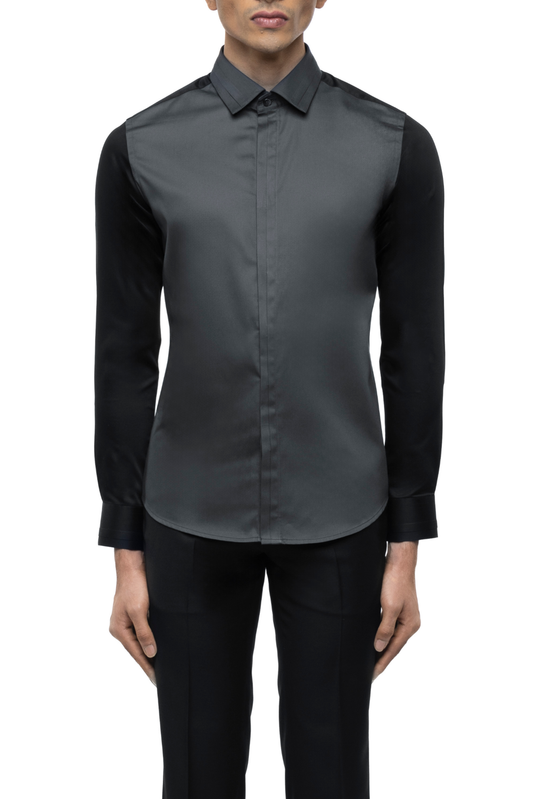 Grey Cotton Shirt with Black Sleeves