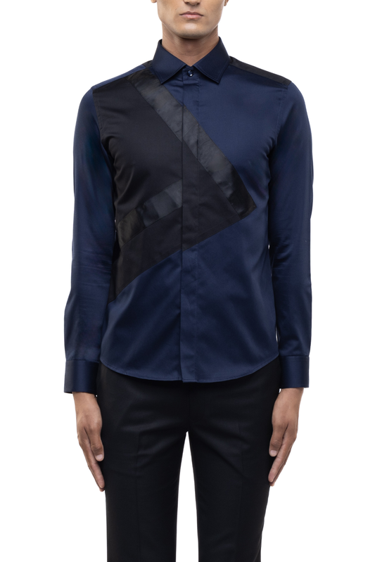 Navy Blue & Black Cotton Asymmetrical Colour Block Shirt