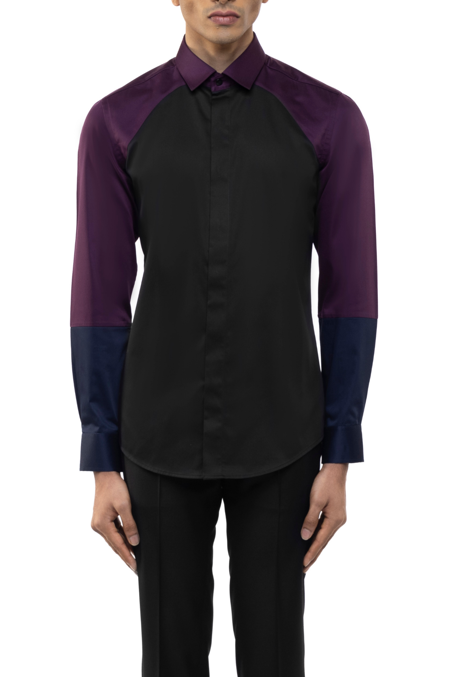 Black Cotton Shirt with Wine & Navy Blue Sleeves