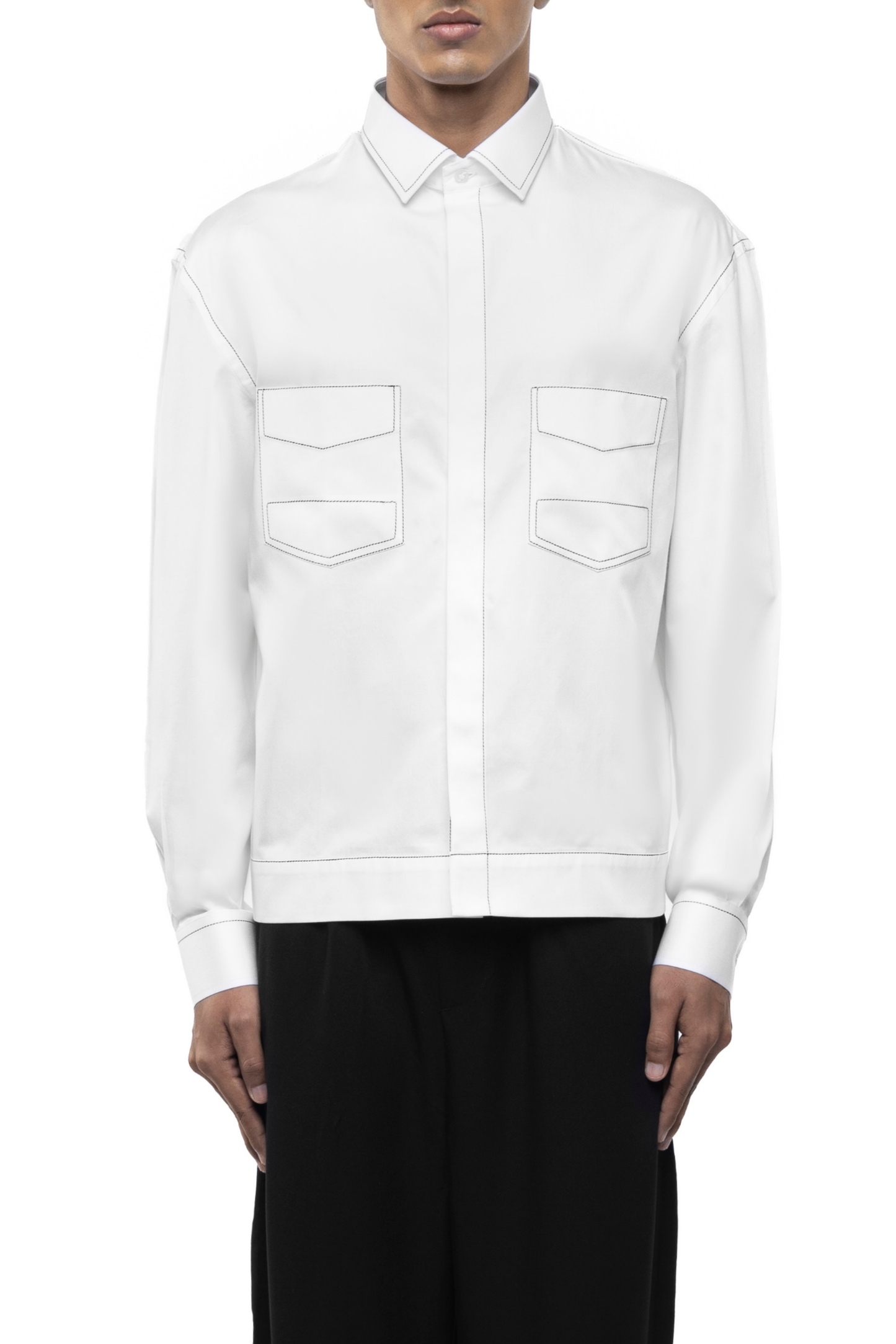 White Cotton Shirt with Black Stitchline Pockets