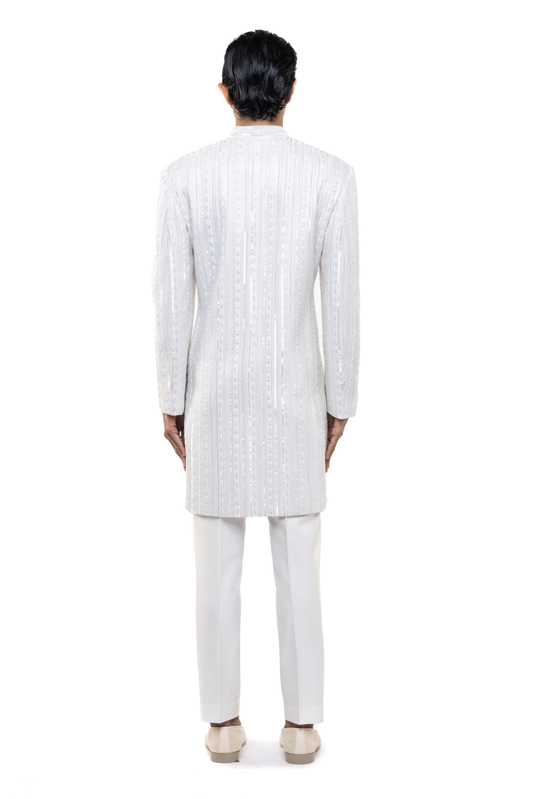 White Stitchline Embellished Sherwani Set Back