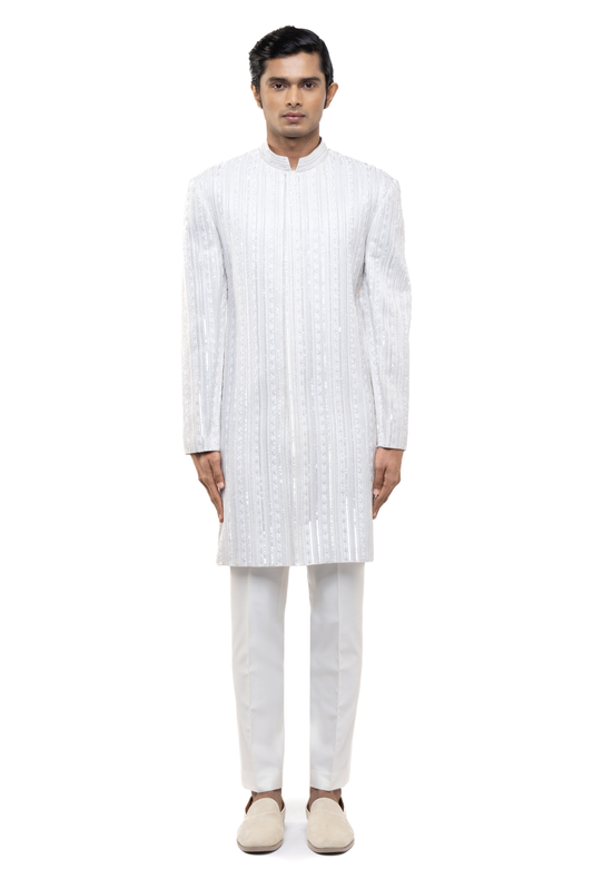 White Stitchline Embellished Sherwani Set Front Look