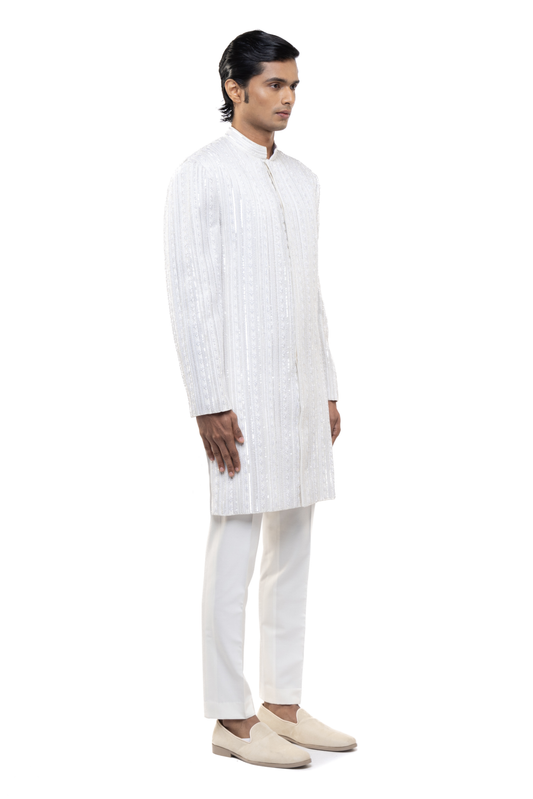 White Stitchline Embellished Sherwani Set  Side Look